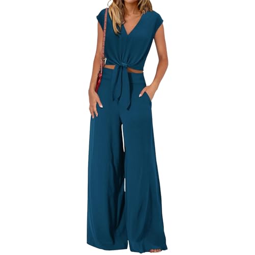 Women's Summer 2 Piece Outfits Cap Sleeve V Neck Belted Crop Tops Wide Leg Pant Sets Travel Vacation Outfits Tracksuit