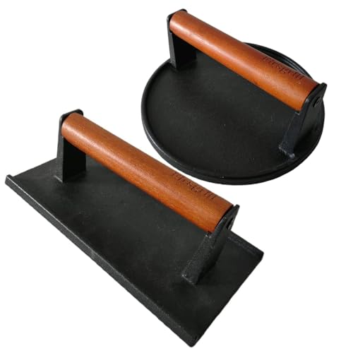 Firsgrill Burger Press 7.08" Round & 8.3”X4.3”Rectangle Heavy-Duty Cast Iron Smash Meat Steak With Wood Handle for Blackstone Camp chef Pitboss Weber Treager Griddle Grills (Round & Rectangle)