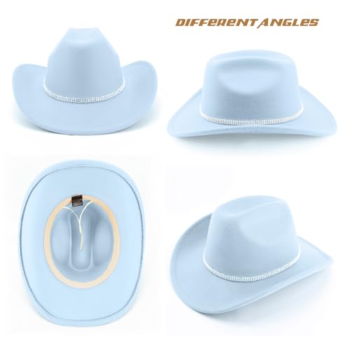 Image of DRESHOW Glitter Cowboy Hat Classic Western Rhinestone Cowgirl Hat Outdoor Wide Brim Retro Felt Fedora Hats Rolled up Caps