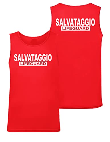 WIXSOO Canotta Salvataggio Lifeguard Rossa da Uomo con Stampa Fronte Retro (IT, Testo, L, Regular, Regular, Rosso)