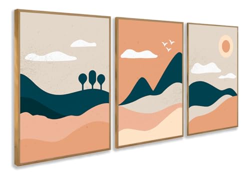 Kit 3 Quadros Paisagem Dunas Rosa e Verde Sol Alaranjado Moderno Decoração Casa Sala e Quarto (43 x
