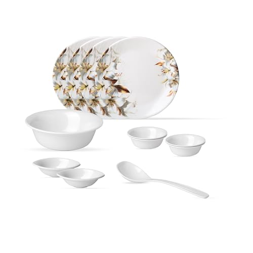Image of Golden Fish 10 Pieces Dinner Set for Kitchen & Dining | 4 Full Plates, 4 Veg Bowls, 1 Donga & 1 Serving Spoon | Complete Family Serveware Set for Daily Use, Hosting & Gifting