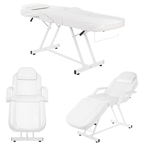 Omysalon Massage Salon Tattoo Chair Esthetician Bed With Hydraulic Stool,Multi-Purpose 3-Section Facial Bed Table, Adjustable Beauty Barber Spa Beauty Equipmen, White #TOP1