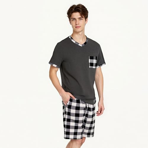 LANBAOSI Mens Short Pajamas Set Summer Top & Plaid Shorts Sleep PJ Set Soft Sleepwear with Pockets3