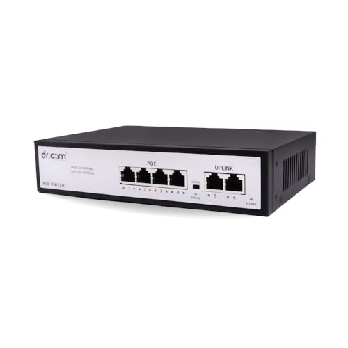Image of dr.com 6 Port PoE Switch with 4 PoE Ports and 2 Uplink Ports 10 /100 Mbps 65W Power IEEE 802.3af /at Support for CCTV IP Camera Network Switch Plug and Play Metal Body Black