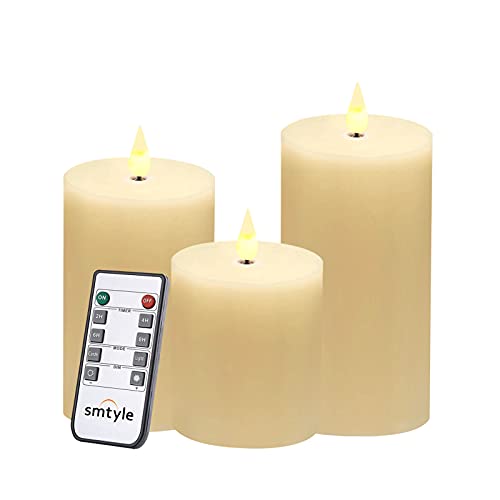smtyle Flameless Candles for Fireplace Candelabra or Desk Decor Flickering with Moving Flame Wick Bright Pillar Candle with Remote Control Timer Battery Operated Ivory Flat Top 3