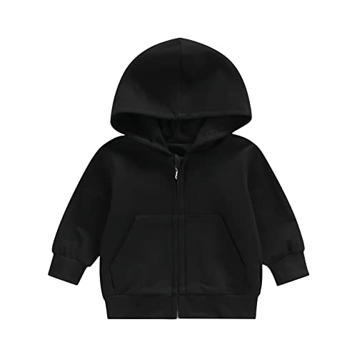 Aeemcem Toddler Baby Boy Girl Zip Up Hoodies Solid Color Casual Long Sleeve Hooded Sweatshirts Jacket With Pocket (A Black, 18-24 Months) #TOP25