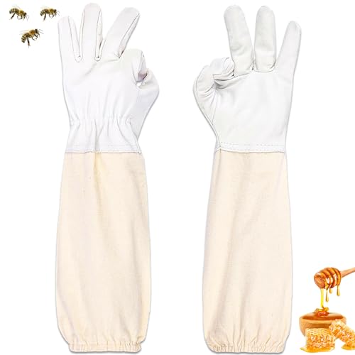 ZONSUSE Imker Handschuhe aus Ziegenleder, Imker Schutzhandschuhe mit Langen Ärmeln aus Segeltuch, Arbeitshandschuhe für den Garten, Mit Bienenschutzanzügen Kompatible Imkereiausrüstung (Weiß)