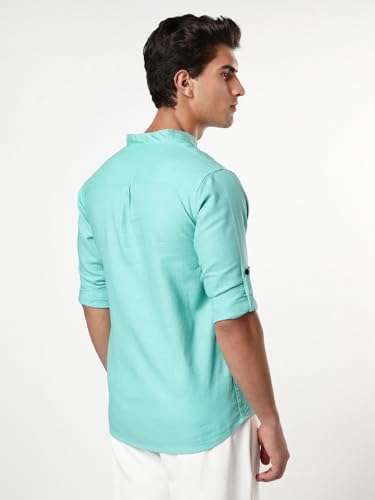 Image of Urbano Fashion Men's Linen Blend Full Sleeve Relaxed Fit Mandarin Collar Casual Solid Shirt