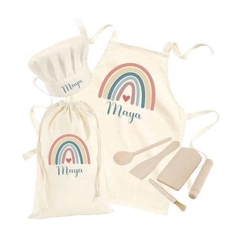Hoolaroo Personalised Kids Baking Set Aprons For Cooking Toddler Apron Custom Apron Kids Cooking Utensils Gift For Girls Age 2-10 Set