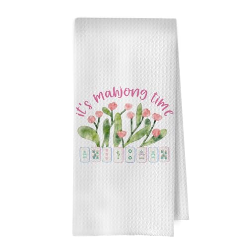 Image of Mahjong Floral Kitchen Towels - Funny Mahjong Floral Gift Decorative Waffle Dish Towels, Hand Towe Gifts for Women, Mah Jong Tea Towe for Kitchen, 16x24 Inch