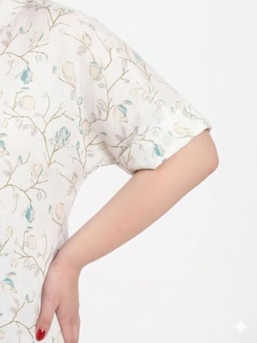 Image of SINDOORI Relaxed Fit Tops for Women Plus Size Solid Printed Mandarin Collar, Band Collar, V-Neck Top, Half Sleeve Loose Fit