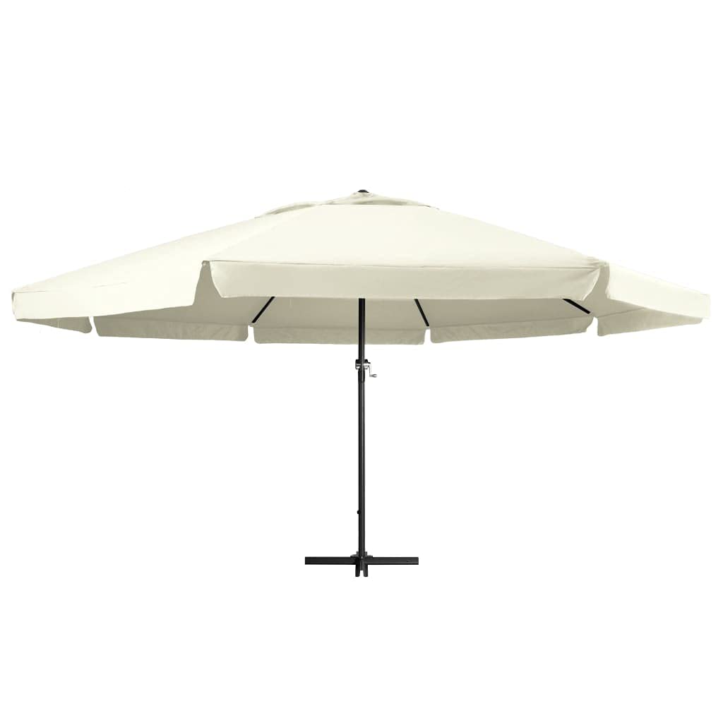 Parasol ogrodowy 600 cm z aluminiowym słupkiem i tkaniną poliestrową UV w kolorze piaskowo-białym, parasol przeciwsłoneczny z krzyżową podstawą i systemem korby, wodoodporny i trwały do użytku