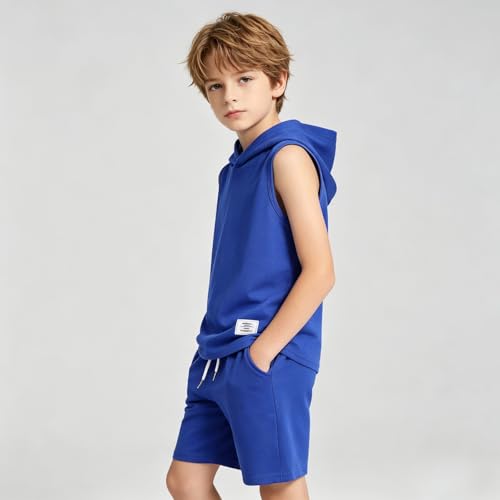 Image of Size 6-12 Years Boys Summer Clothes Hooded Sleeveless Tank Tops Workout Shorts 2 Piece Set Fashion Outfits