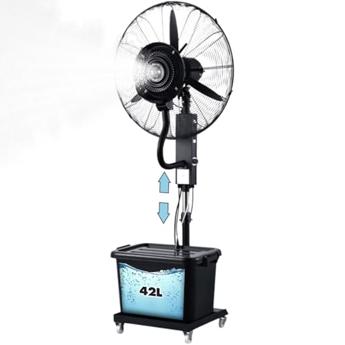 Qwerjkl Ventilador Nebulizador de Pie Industrial, 3 Velocidades, Oscilación 90°, Depósito Agua 42L con Ruedas - Enfriador Larga Distancia para Exteriores, Patio, Garaje, Uso Industrial y Doméstico