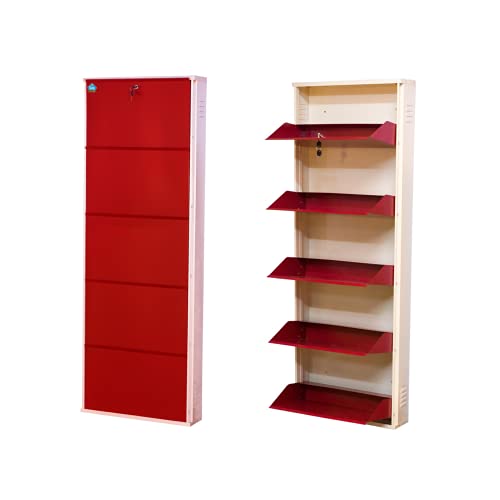 Image of DELITE KOM 24 Inch Wide, 5 Shelf Metal Shoe Rack Wall Mounted for Home with Central Lock Holds Upto 15 Shoes or 25 Slippers Pair 1 Year Warranty | (67 x 24 x 5 Inch, Ivory Brick Red) DIY Space Saving