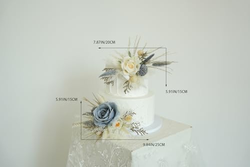Set de dos toppers de boda con flores artificiales blancas y gris-azul miniatura 6