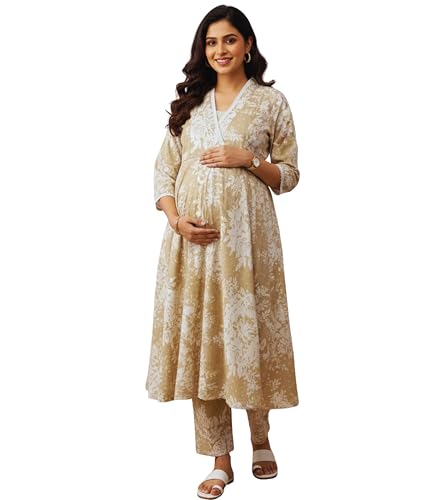 Image of DUMMY SHAPE Maternity Dresses for Women Cotton Blend | Floral Kurta Pant Dupatta Set with Nursing Zippers to Pre & Post Partum | Feeding Kurtis | Mom to Be Gifts for Pregnant Woman