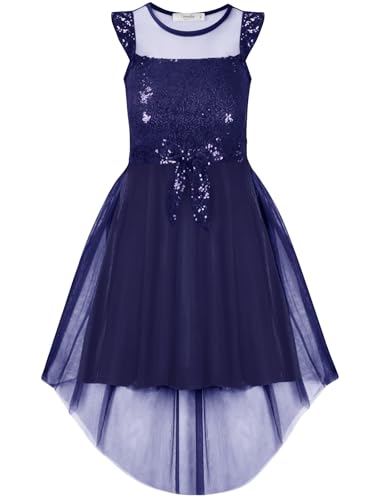 Girls Dress Ruffle Sleeve Sparkly Sequin Tulle Princess Dress for Birthday Party High Low Dress with Belt 5-14 Years