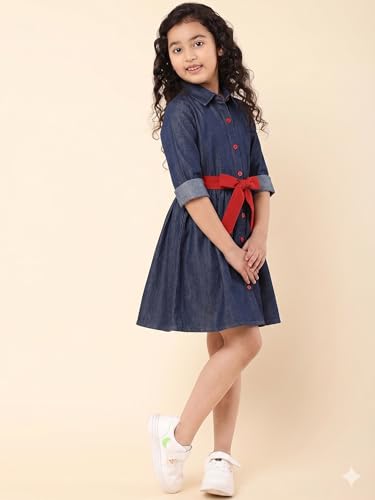 Image of A.T.U.N. (ALL THINGS UBER NICE) Girls 100% Cotton Shirt Dress with Belt | Button-Down Dress with Collar Neck | Soft Breathable Kids Outfit for Girls