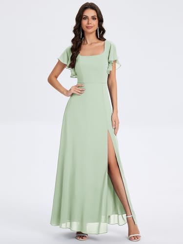 Image of Ever-Pretty Women's Square Neck Short Sleeves Split Chiffon Floor Length A-Line Maxi Formal Dress 02409