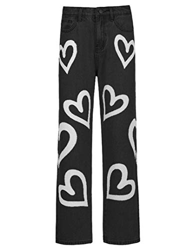 Y2K Women High Waisted Skinny Straight Leg Jeans Color Block Denim Pants Patchwork Classic Streetwear Baggy Trouser (A-Black, Medium)