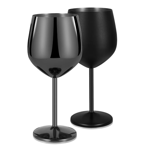 Livole 18oz 550ml Stainless Steel Wine Glasses, Elegant Goblet, Unbreakable Wine Glasses for Cocktail, Camping Wine Glass Set of 2, Red Wine Glass for Picnic, Party, Matte Black and Gloss Black