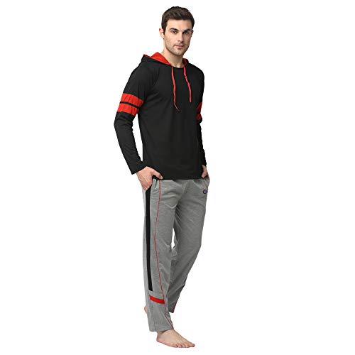 Image of Mack Jonney Cotton Blend Night Suit Co-ord Set for Men with Hodded Full Sleeve T-Shirt and Track Pant-VJ-MNS-TTP-GROUP21