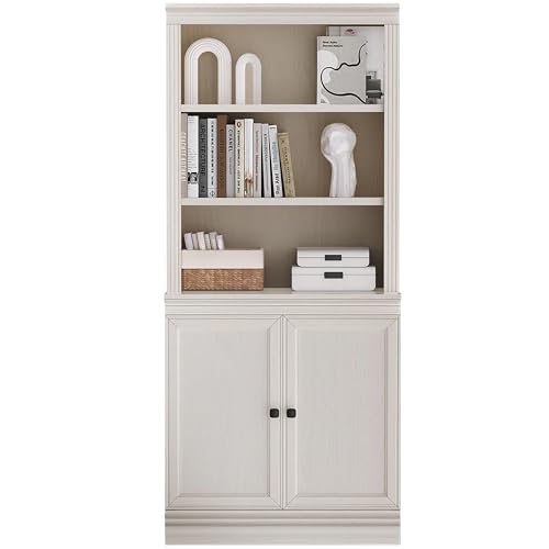 JAHRSTIM Halston Multi-Depth Bookcase, Adjustable Storage Shelving Unit with Doors for Home and Office Space, 31.5”L x 15.75”W x 72.8”H, Cream