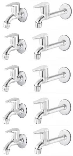 Spazio Stainless Steel Vignette Bib Cock with Long Body Combo Pack Foam Flow Water Taps with Wall Flange (Pack of 5) (Chrome Plated, Brass Disc)