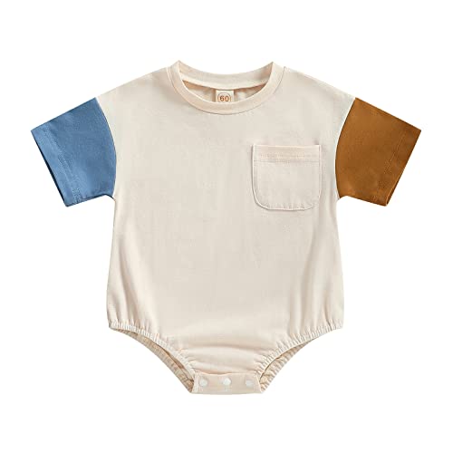 Image of Okbabeha Newborn Infant Baby Boy Girl Summer Clothes Short Sleeve Bubble Romper Shirt Onesie Oversized Bodysuit Cute Baby Outfit(Color Block Blue+Brown 0-3 Months)