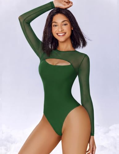 Image of Avidlove Bodysuits for Women Round Neck Long Sleeve Mesh Bodysuit