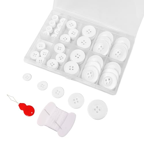 100Pcs Wide Edge White Sewing Buttons Kit Including Needle Sewing Thread and Threader 5 Sizes 4-Hole Craft Suitable for Sewing Suit Coat Shirt ButtonsDIY Decoration