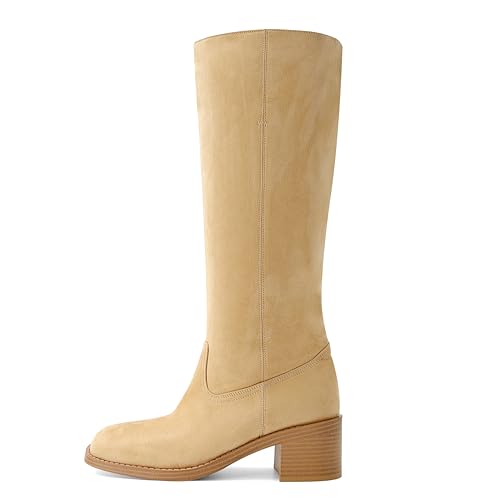 Image of DOEYG Women's Banana Knee High Boots Square Toe Chunky Block Heel Tall Boots Wide Calf Fashion Comfortable Casual Pull on Long Boots