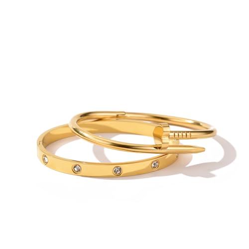 18K Gold Plated Love Nail Bangle Bracelet Set Stackable Stainless Steel Bangle Set for Love Trendy Jewelry