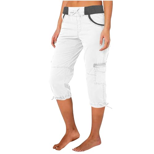 Cargo Capri Pants Women Summer Casual Hiking Bermuda Shorts Cropped Fishing Outdoor Tactical Pants Comfy Cotton Linen Capris Drawstring Low Waisted Capri Sweatpants Bermuda Shorts for Women