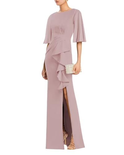 Satin Mermaid Mother of The Bride Dresses with Sleeves Ruched Long Slit Formal Dresses Bodycon Evening Gowns XOD0367