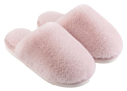 Women Fuzzy House Slipper Faux Wool Warm Cotton Slippers Indoor Outdoor Warm Fluffy Slide Non-Slip Closed-Toe Shoe