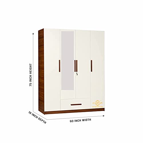 Image of CASPIAN Engineered Wood 4 Door Wardrobe (White & Brown) | Furniture with Dressing Mirror & Hanging Spaces | Cupboard /Almirah for Bedroom Clothes Storage Organizer | with Drawer & 8 Shelves