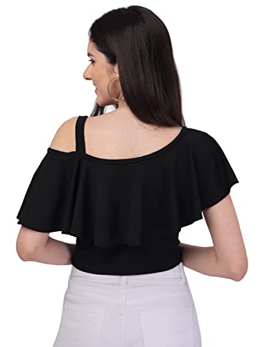 Image of Mehrang Women's Casual Solid Flared Crop Top Round Neck Stretchable Blend for Women /Top for Girls