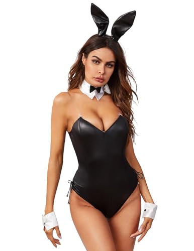 Womens Sexy Black Bunny Costume Cosplay Lingerie Set Patent Leather Bunny Girl Senpai Roleplay Outfit One Piece Bunny Uniform Cute Rabbit Bodysuit with Ears and Tails for Halloween Parties