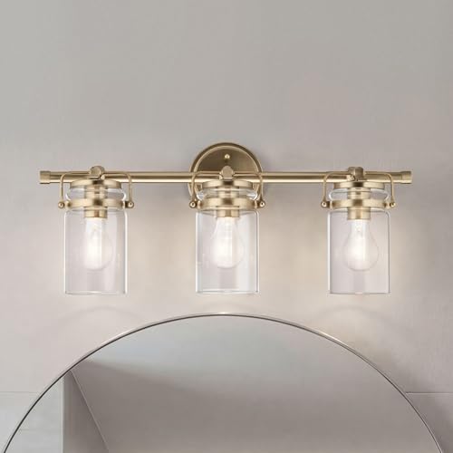 Image of Kichler Brinley 24 inch 3-Light Bathroom Vanity Light Fixture with Clear Glass in Champagne Bronze, Modern Farmhouse Mason Jar Style for Mirror Lighting (24 inch W x 10.25 inch H), 45689CPZ