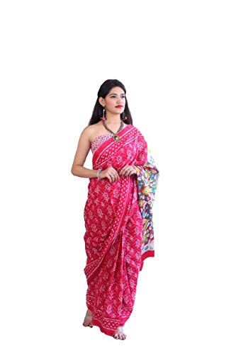 Jalther Handicrafts Women's Ikat Hand Block Print Jaipuri Cotton Mulmul Saree with Blouse Piece - Pink