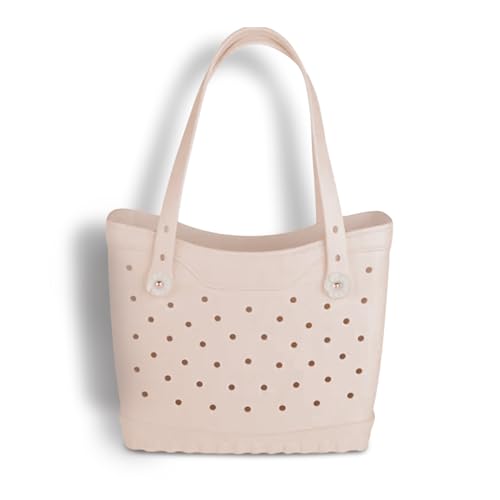Ladies Charms Bag Solid Colour Rubber Beach Tote Handbag with Decorative Charms Stylish Durable & Waterproof Large Shoulder Bag for Everyday Travel & Holiday Use Beige
