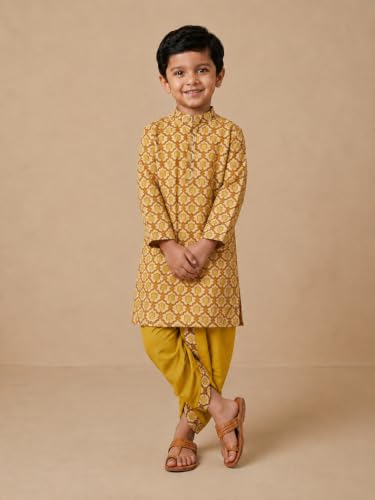 Image of The Mom Store Baby /Kids Boys Dhoti Kurta Set | Dhoti and Kurta | 100% Cotton | Comfortable | Ethnic | Festive Look | Block Prints | Colored Dhoti | Blue