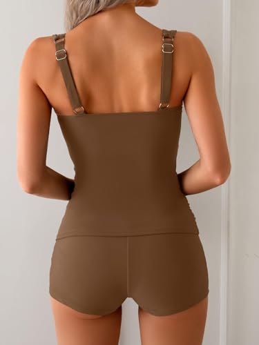 Image of B2prity Women's Tankini Swimsuit Tummy Control Ruched Two Piece Bathing Suit Push Up Modest Swim Suits with Shorts