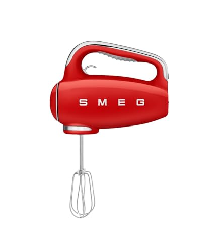 Smeg, Sbattitore Elettrico HMF01RDEU, 9 Livelli di Velocità, Funzione Turbo, Sistema di Avvio Smooth Start, 4 Fruste, 2 Ganci Impastatori e Avvolgicavo in Dotazione, 250W, Rosso
