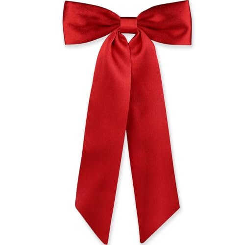 WantGor Long Tail Bow Hair Clips Hair Ribbon Bows Satin Bowknot Clip Large Hair Barrettes Cute Ponytail Holder Hair Accessories for Women Daily Party Wedding Prom (Red)