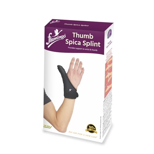 Image of Flamingo Thumb Spica Splint Brace | Thumb Support Stabilizer for Pain, Sprains, Strains, Tendonitis with Wrist Wrap | Black | Large