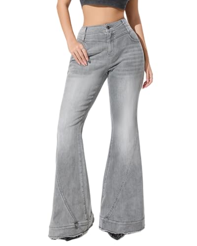 LERK Women High Rise Stretch Flare Bell Bottom Jeans with Pockets